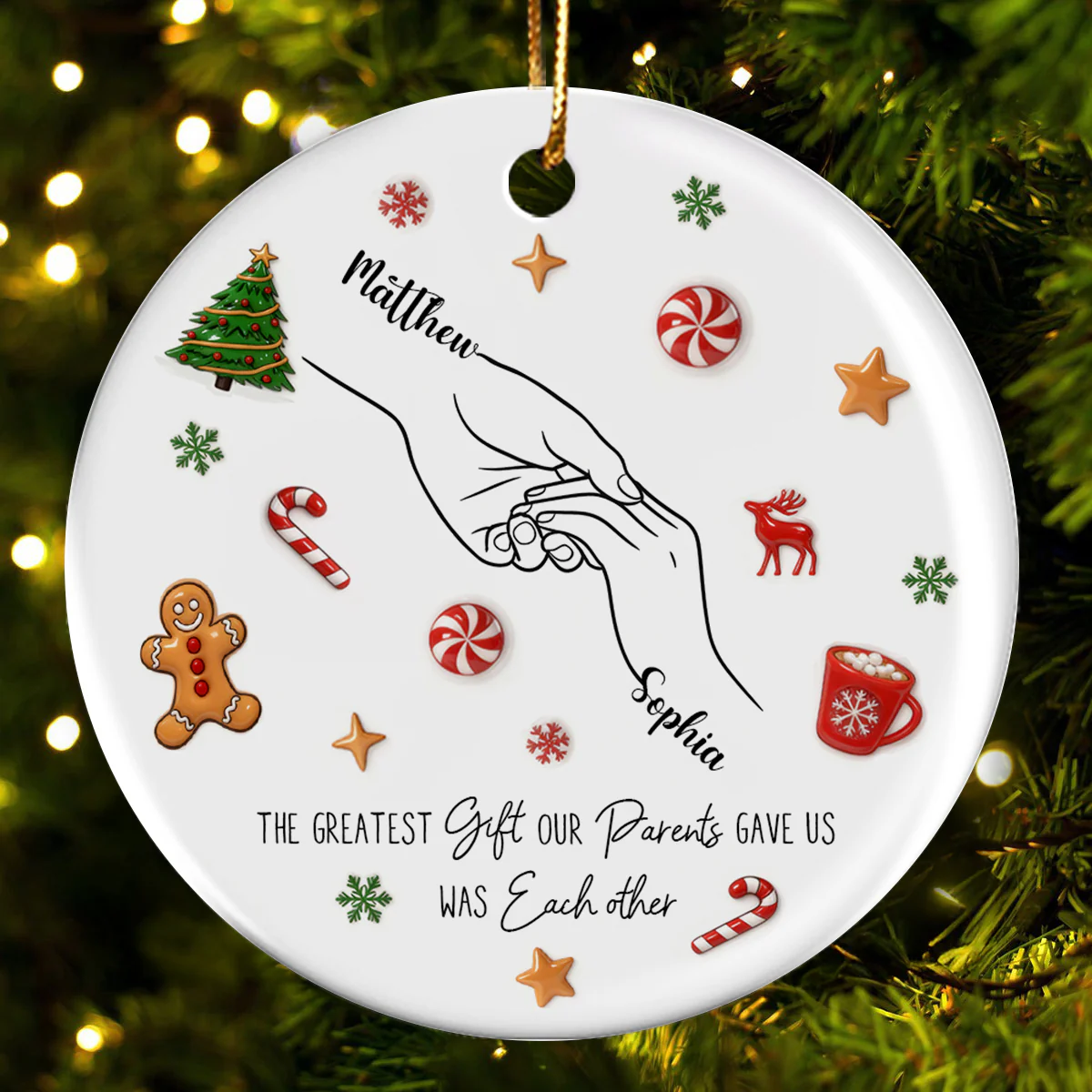 Sibling Hands Line Art - Personalized Ceramic Ornament - Christmas Gift For Brother, For Sister - Image 4