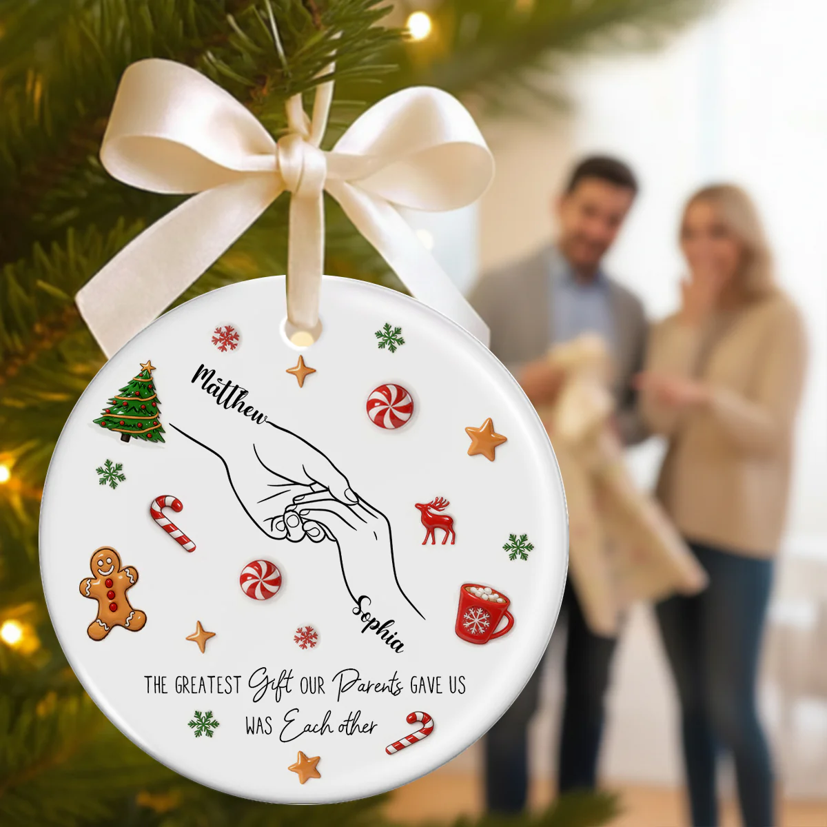 Sibling Hands Line Art - Personalized Ceramic Ornament - Christmas Gift For Brother, For Sister - Image 5