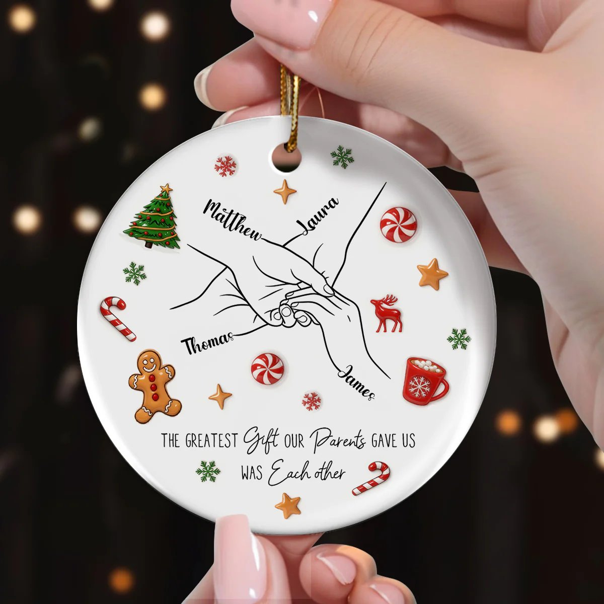 Sibling Hands Line Art - Personalized Ceramic Ornament - Christmas Gift For Brother, For Sister - Image 6