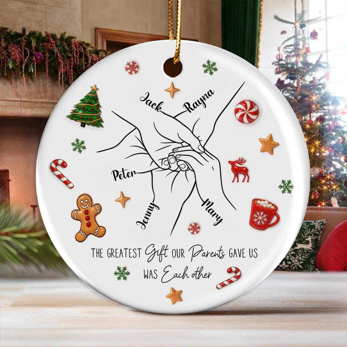 Sibling Hands Line Art - Personalized Ceramic Ornament - Christmas Gift For Brother, For Sister - Image 7