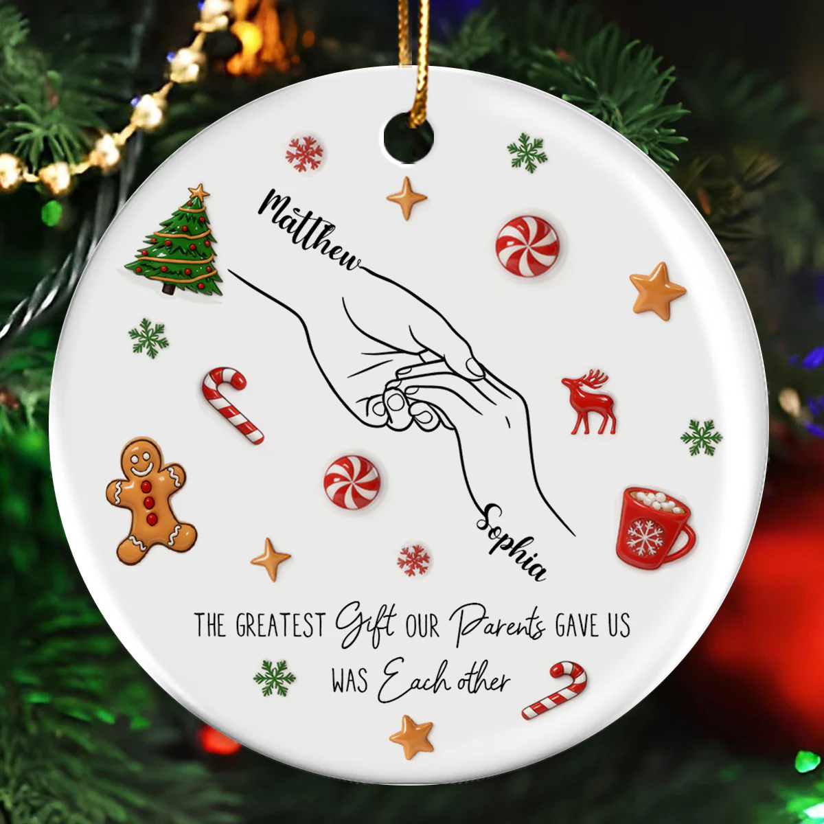 Sibling Hands Line Art - Personalized Ceramic Ornament - Christmas Gift For Brother, For Sister - Image 8