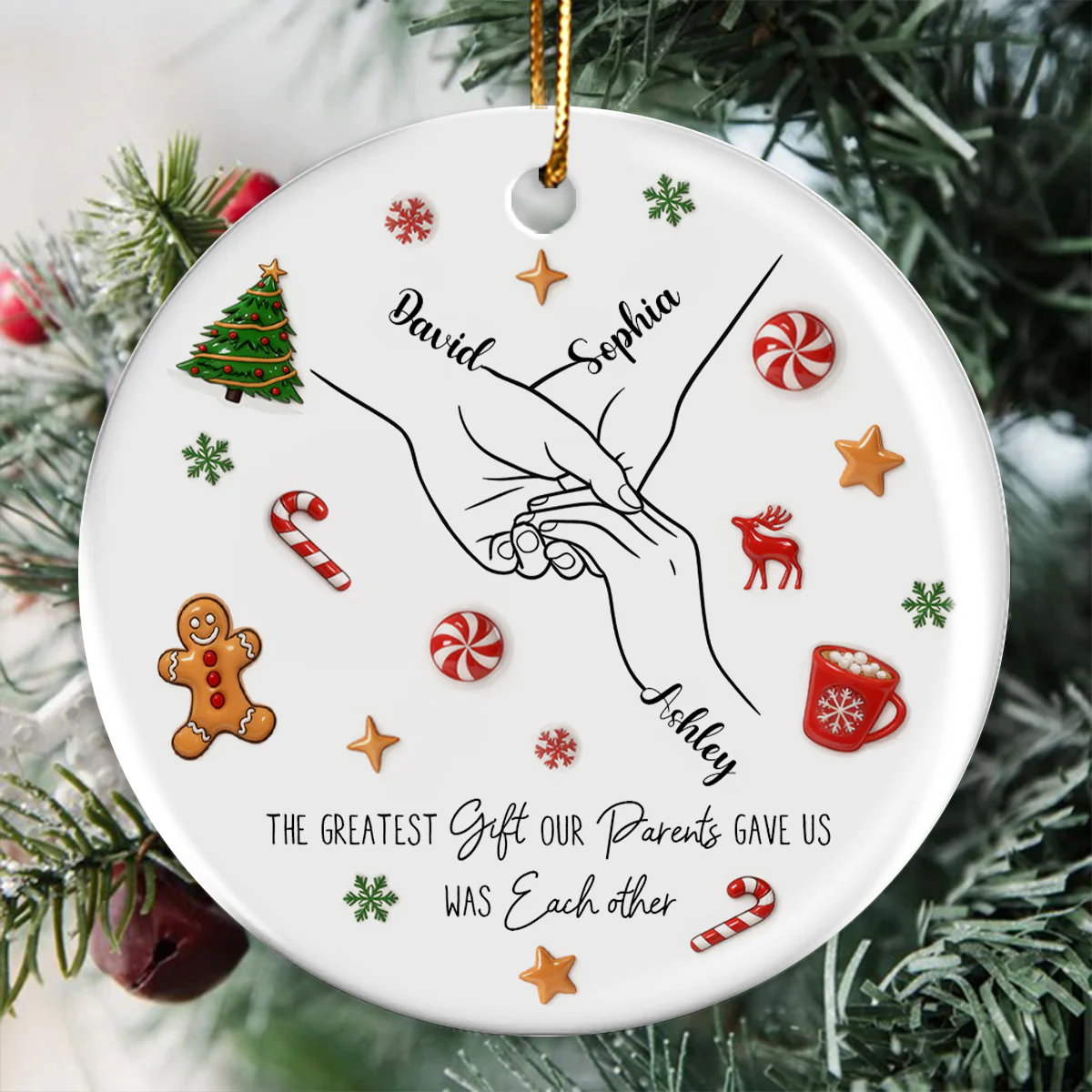 Sibling Hands Line Art - Personalized Ceramic Ornament - Christmas Gift For Brother, For Sister - Image 9