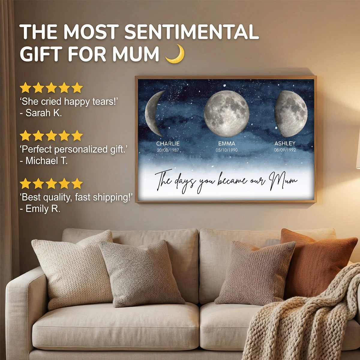 Starry Night The Day You Become Mum Grandma Custom Birth Moon Phase - Personalised Poster, Mother's Day Gift For Mum, Grandma - Image 6