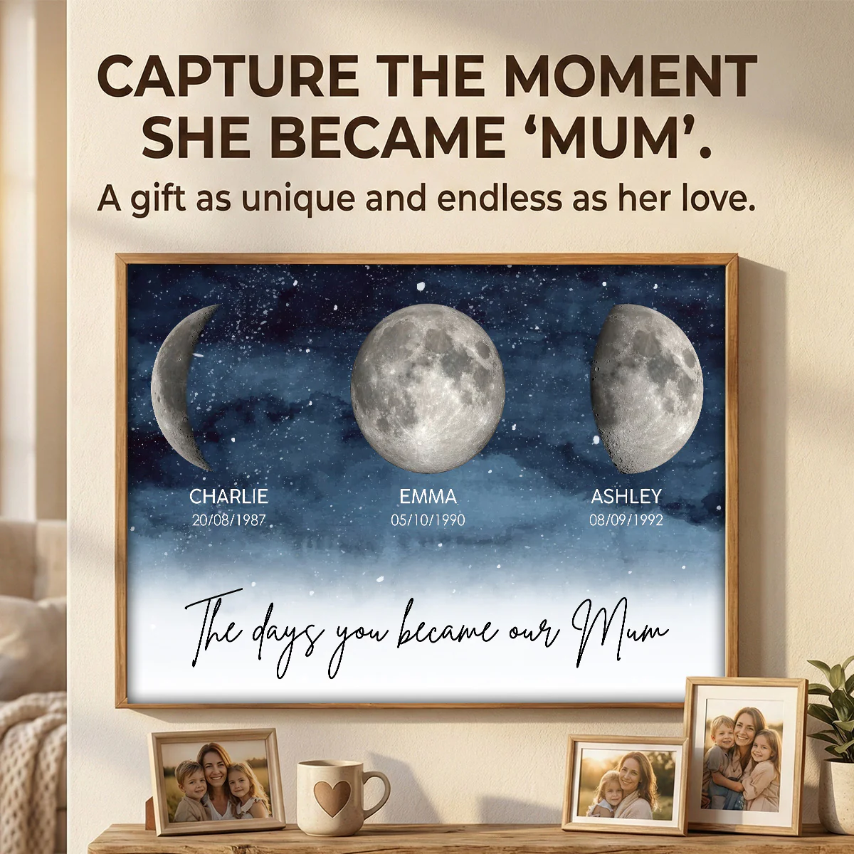 Starry Night The Day You Become Mum Grandma Custom Birth Moon Phase - Personalised Poster, Mother's Day Gift For Mum, Grandma - Image 7