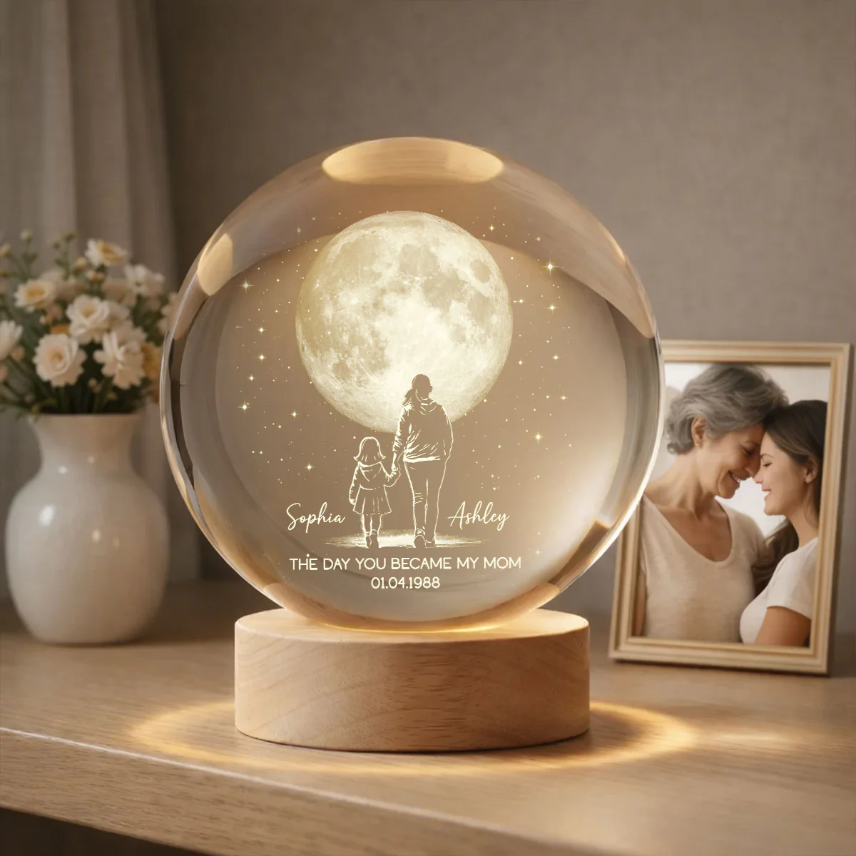 The Day You Became My Mom Custom Moon Phase by Date - Personalized Crystal Ball LED Night Light - Mother's Day Gift for Mom - Image 5