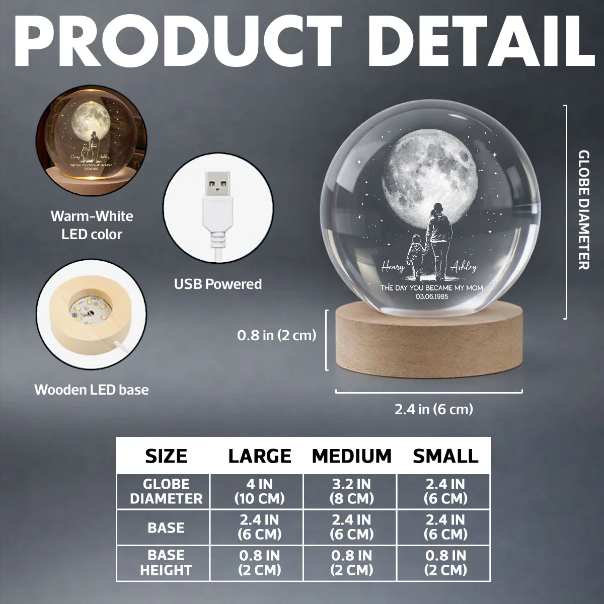 The Day You Became My Mom Custom Moon Phase by Date - Personalized Crystal Ball LED Night Light - Mother's Day Gift for Mom - Image 6