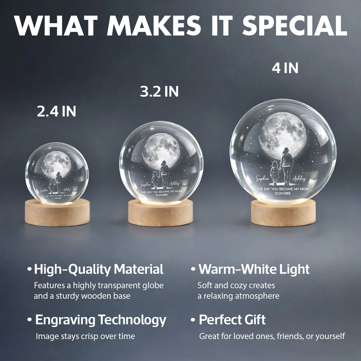 The Day You Became My Mom Custom Moon Phase by Date - Personalized Crystal Ball LED Night Light - Mother's Day Gift for Mom - Image 7