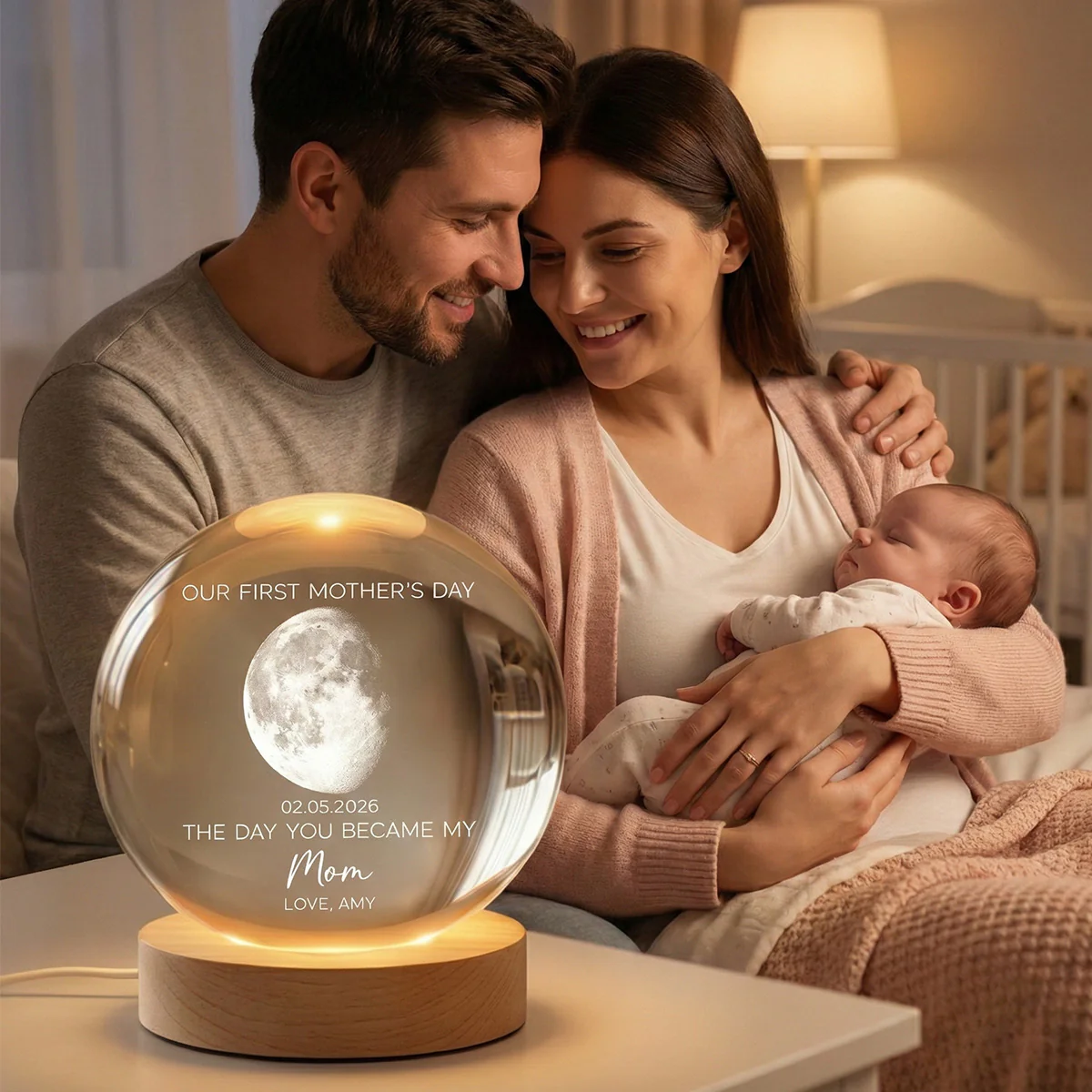 The Day You Became My Mom Custom Moon Phase First Mother's Day - Personalized Crystal Ball LED Night Light - First Mother's Day Gift For New Mom - Image 3
