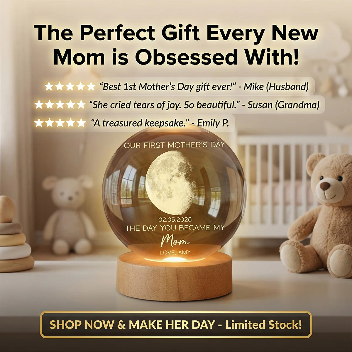 The Day You Became My Mom Custom Moon Phase First Mother's Day - Personalized Crystal Ball LED Night Light - First Mother's Day Gift For New Mom - Image 5