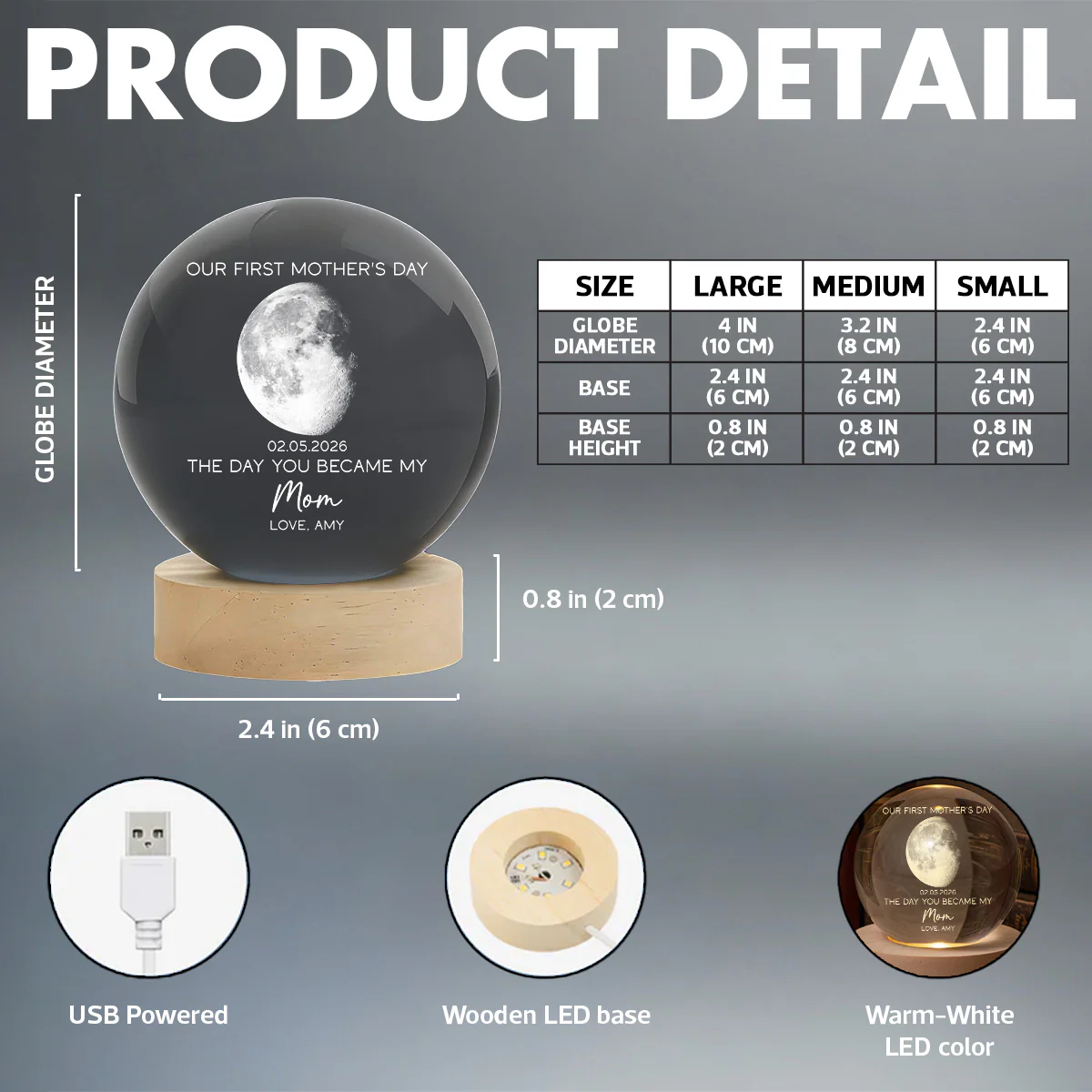 The Day You Became My Mom Custom Moon Phase First Mother's Day - Personalized Crystal Ball LED Night Light - First Mother's Day Gift For New Mom - Image 8