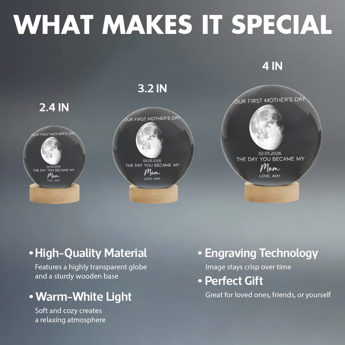 The Day You Became My Mom Custom Moon Phase First Mother's Day - Personalized Crystal Ball LED Night Light - First Mother's Day Gift For New Mom - Image 9