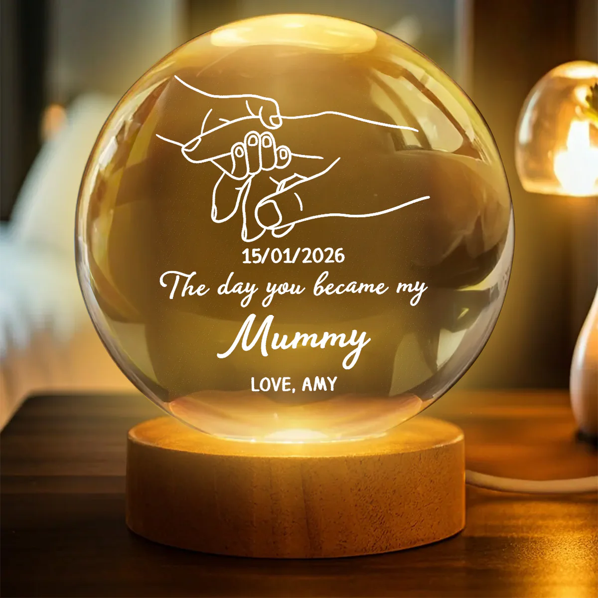 The Day You Became My Mom Mummy Holding Hand First Mother's Day - Personalized Crystal Ball LED Night Light - First Mother's Day Gift For New Mum, New Mom - Image 3