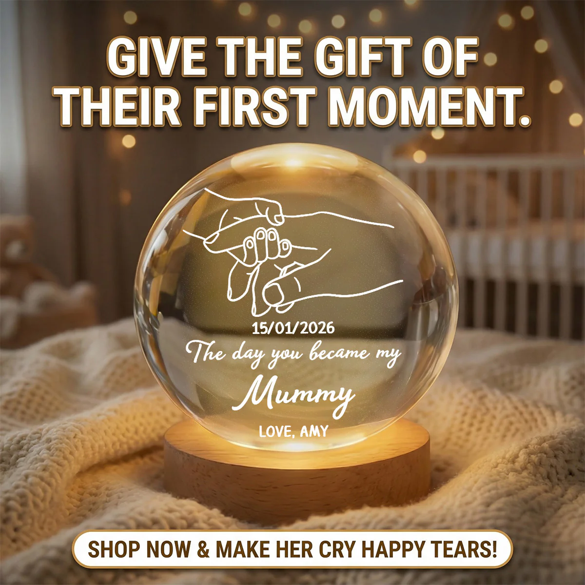The Day You Became My Mom Mummy Holding Hand First Mother's Day - Personalized Crystal Ball LED Night Light - First Mother's Day Gift For New Mum, New Mom - Image 6