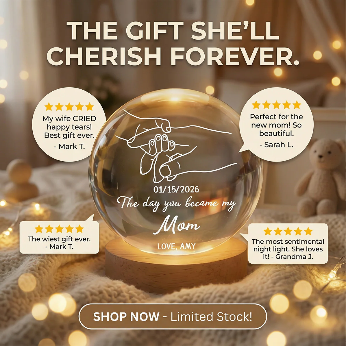 The Day You Became My Mom Mummy Holding Hand First Mother's Day - Personalized Crystal Ball LED Night Light - First Mother's Day Gift For New Mum, New Mom - Image 7