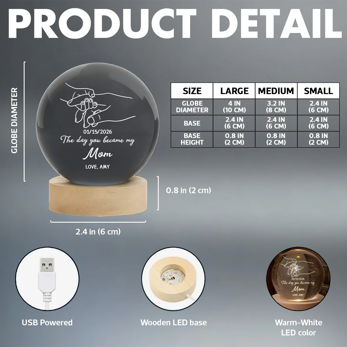 The Day You Became My Mom Mummy Holding Hand First Mother's Day - Personalized Crystal Ball LED Night Light - First Mother's Day Gift For New Mum, New Mom - Image 8