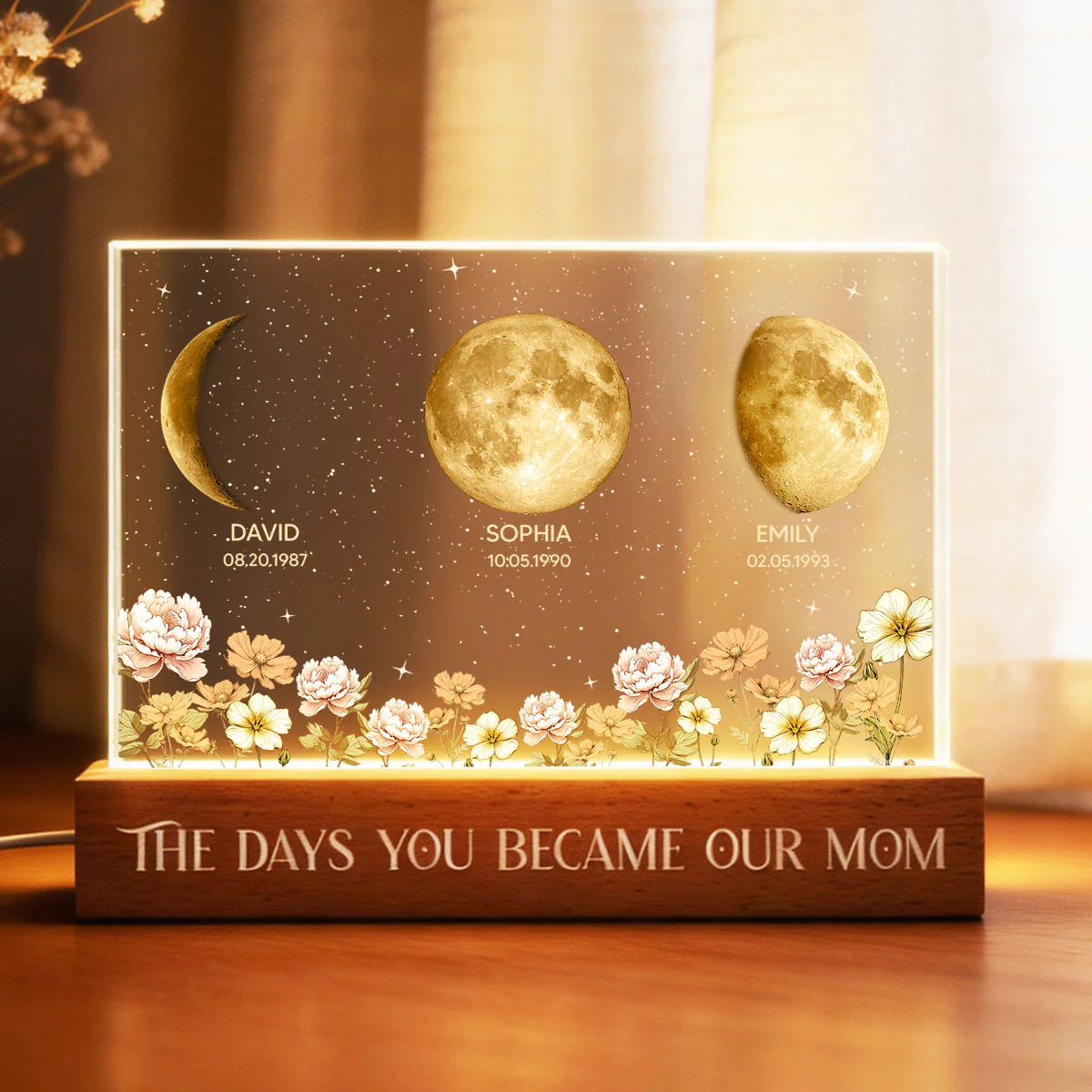The Day You Became Our Mom Custom Moon Phase by Date - Personalized Acrylic Block LED Night Light, Custom Birth Flowers - Image 3