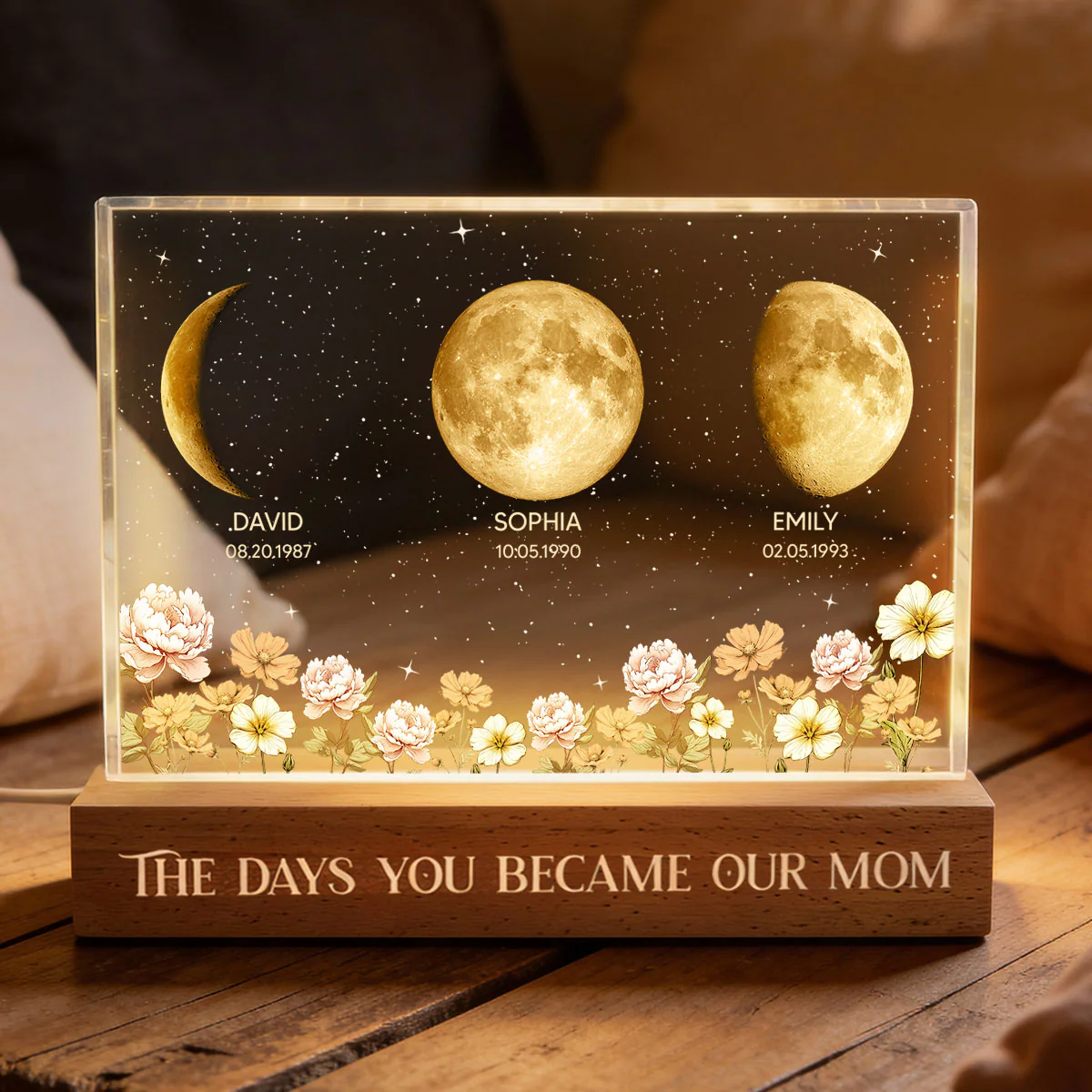 The Day You Became Our Mom Custom Moon Phase by Date - Personalized Acrylic Block LED Night Light, Custom Birth Flowers - Image 4