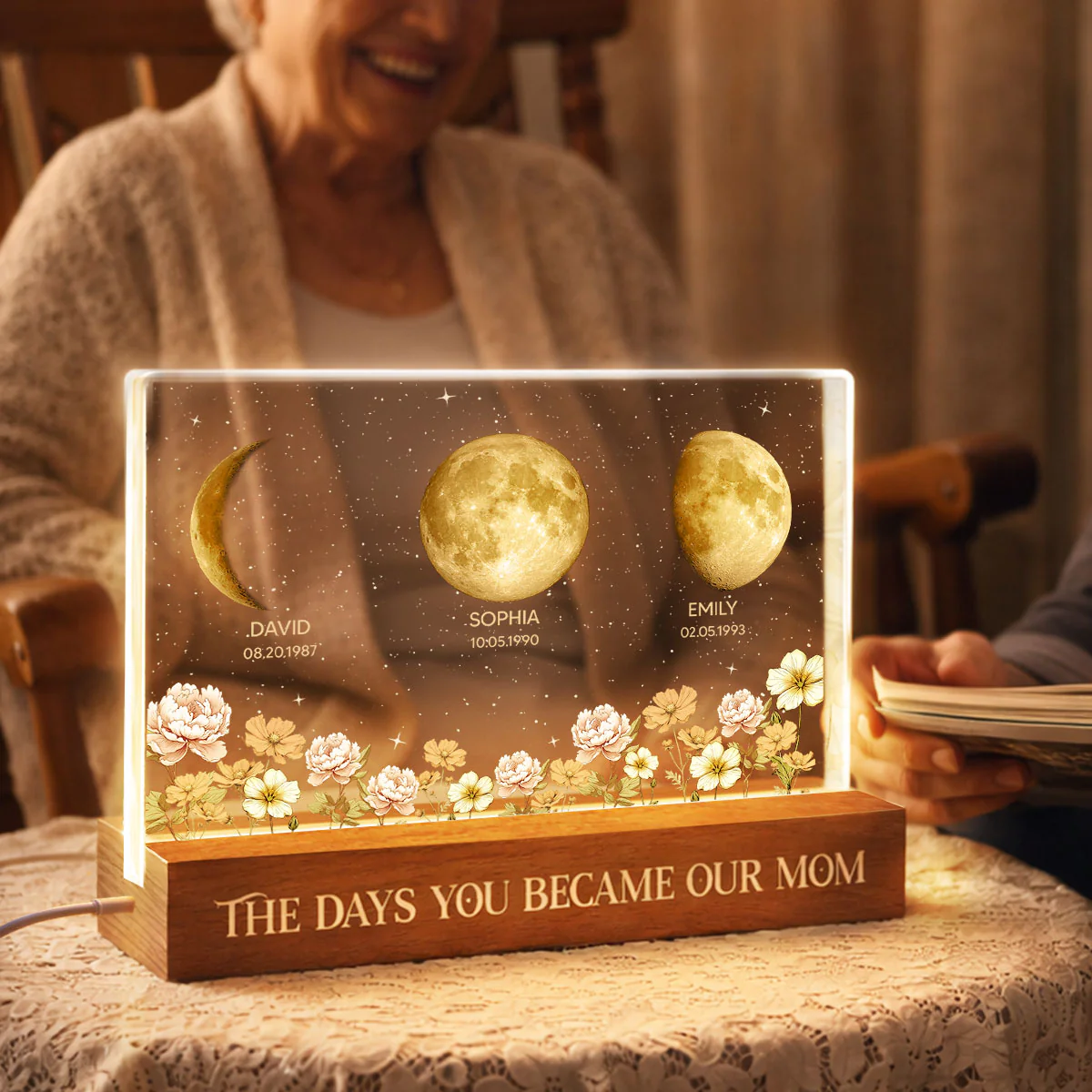 The Day You Became Our Mom Custom Moon Phase by Date - Personalized Acrylic Block LED Night Light, Custom Birth Flowers - Image 5