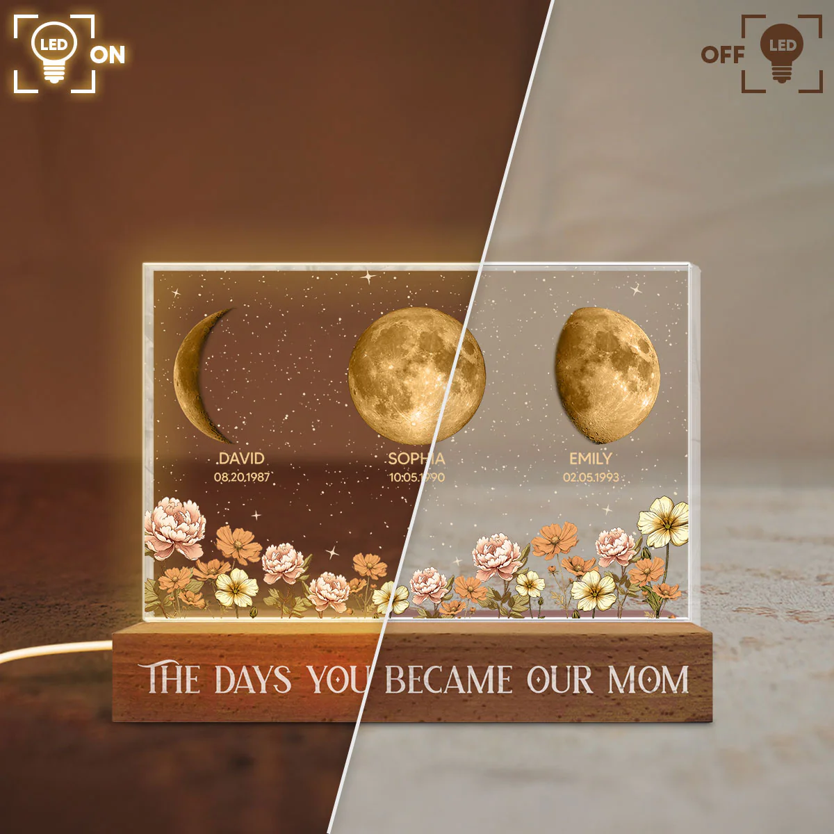 The Day You Became Our Mom Custom Moon Phase by Date - Personalized Acrylic Block LED Night Light, Custom Birth Flowers - Image 7