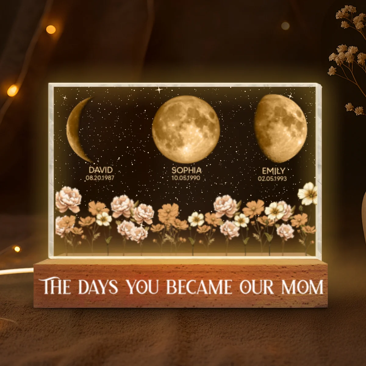 The Day You Became Our Mom Custom Moon Phase by Date - Personalized Acrylic Block LED Night Light, Custom Birth Flowers - Image 9