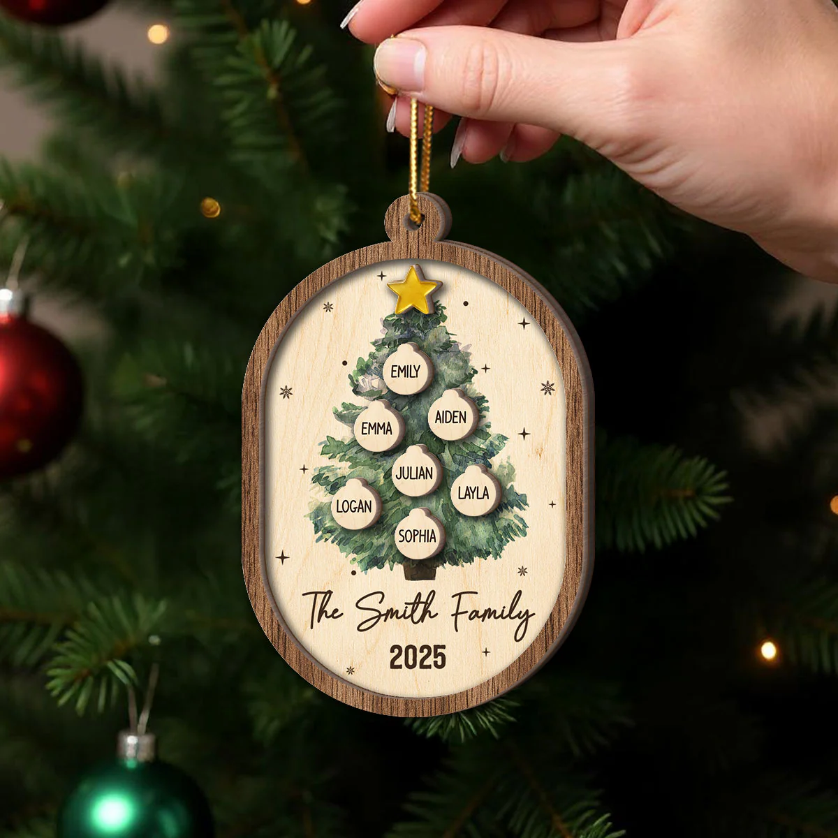 Rustic Watercolor Christmas Tree Family Names - Personalized 2-Layered Wooden Ornament - Image 3