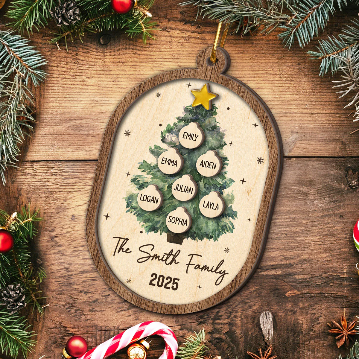 Rustic Watercolor Christmas Tree Family Names - Personalized 2-Layered Wooden Ornament - Image 4