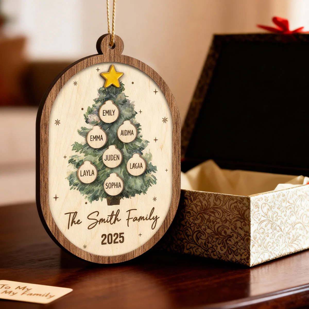 Rustic Watercolor Christmas Tree Family Names - Personalized 2-Layered Wooden Ornament - Image 5
