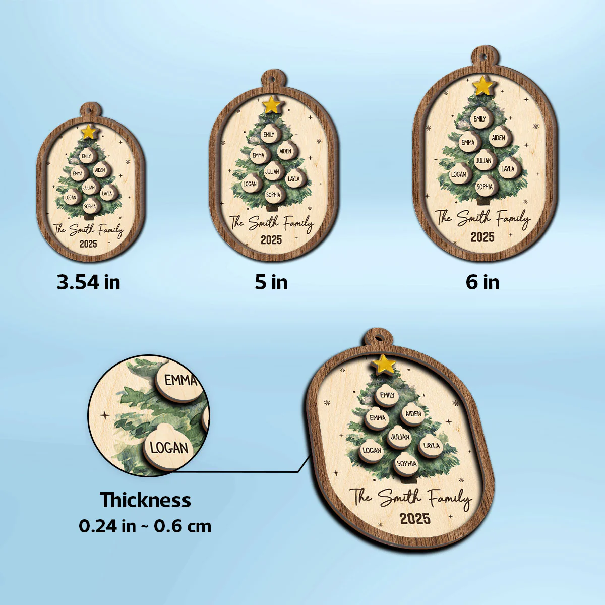 Rustic Watercolor Christmas Tree Family Names - Personalized 2-Layered Wooden Ornament - Image 6