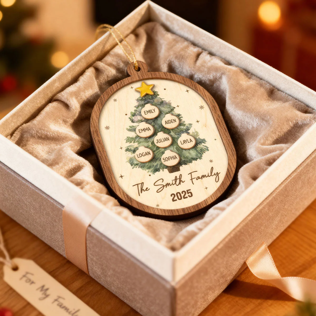 Rustic Watercolor Christmas Tree Family Names - Personalized 2-Layered Wooden Ornament - Image 7