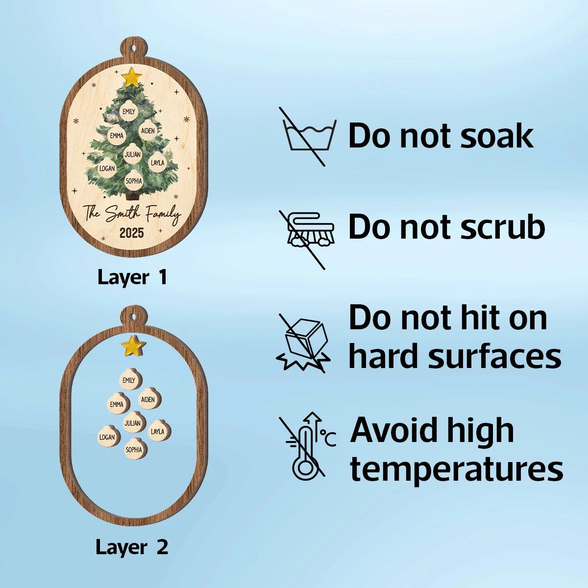 Rustic Watercolor Christmas Tree Family Names - Personalized 2-Layered Wooden Ornament - Image 8