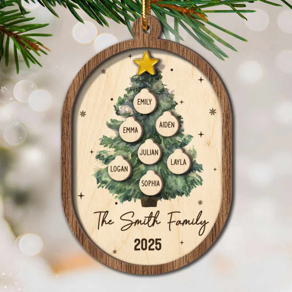 Rustic Watercolor Christmas Tree Family Names - Personalized 2-Layered Wooden Ornament - Image 9